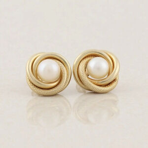 10k Yellow Gold Freshwater Pearl Knot Earrings Stud Post